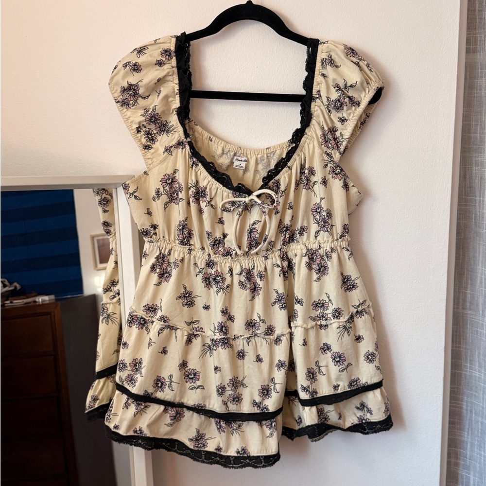 Urban Outfitters Cream Floral Blouse with Black Accents